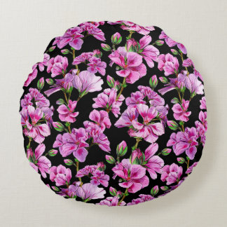 Geraniumtakken, waterverf roze knoppen. rond kussen