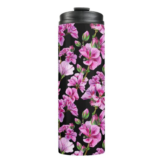 Geraniumtakken, waterverf roze knoppen. thermosbeker (Voorkant)