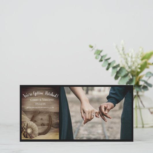 Gerber Daisy en Hoefijzer Western Sepia Wedding Save The Date (Staand voorkant)