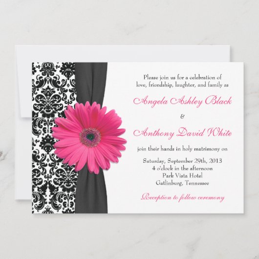 Gerber Daisy Pink White Damask Wedding Kaart (Voorkant)