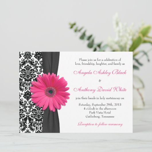 Gerber Daisy Pink White Damask Wedding Kaart (Staand voorkant)
