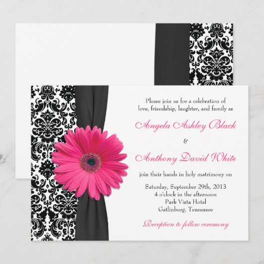 Gerber Daisy Pink White Damask Wedding Kaart (Voorkant / Achterkant)