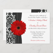 Gerber Daisy Red White Damask Wedding Kaart (Voorkant / Achterkant)