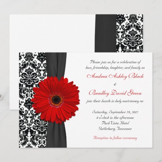 Gerber Daisy Red White Damask Wedding Kaart (Voorkant / Achterkant)