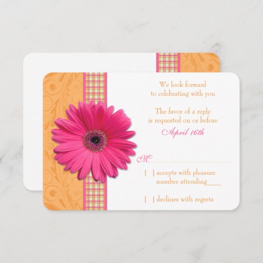 Gerber Daisy Roze Sinaasappel Plaid Wedding RSVP R (Voorkant / Achterkant)