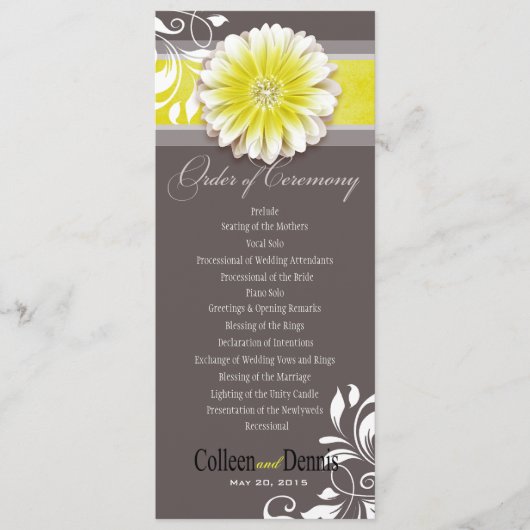 Gerber Daisy Scroll 1 Wedding Program yellow Programmakaart (Voorkant)