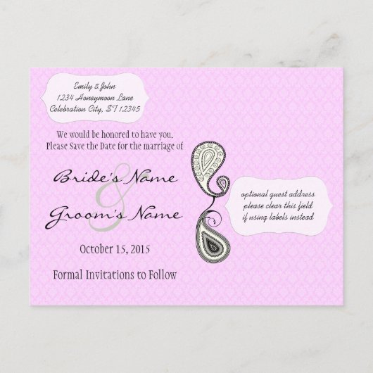 Gerber Fuchsia & Grey Paisley Save the Date Aankondigingskaart (Achterkant)