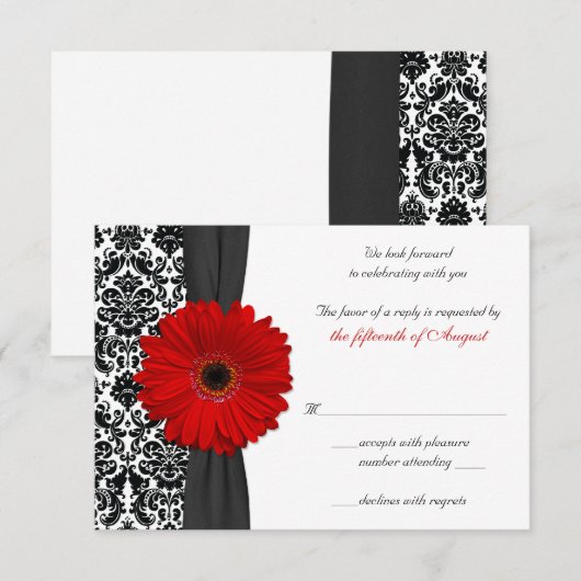 Gerber Madeliefje Rood Zwart Damast Huwelijksreact RSVP Kaartje (Voorkant / Achterkant)
