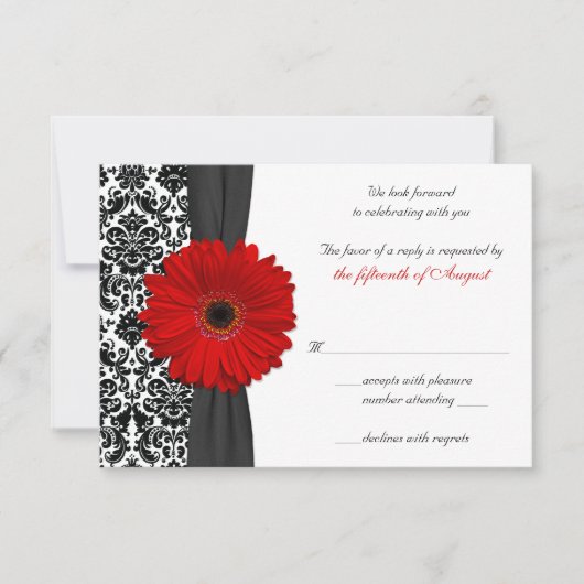 Gerber Madeliefje Rood Zwarte Damast Huwelijksreac RSVP Kaartje (Voorkant)