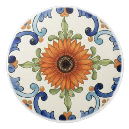 Gerbera Bloem Mediterraan Blauw Crème Keramische Knop