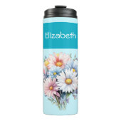 Gerbera bloemen 6 foto's naam blauw thermosbeker (Voorkant)