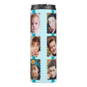 Gerbera bloemen 6 foto's naam blauw thermosbeker (Achterkant)