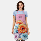 Gerbera bloemen aangepaste tekst roze schort (Gedragen)