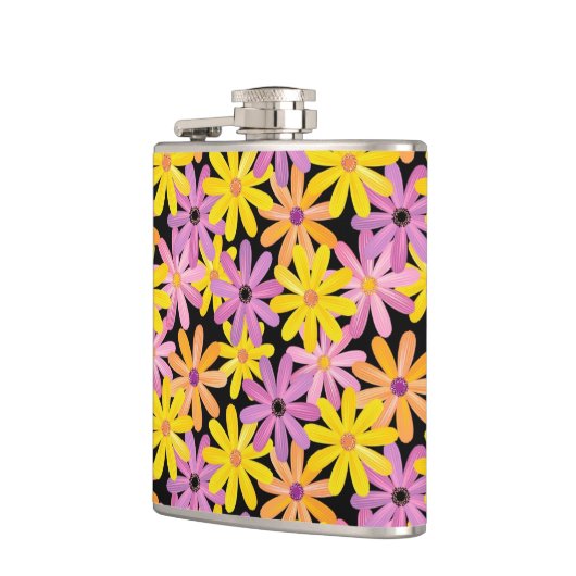 Gerbera-bloesem, achtergrond heupfles (Links)