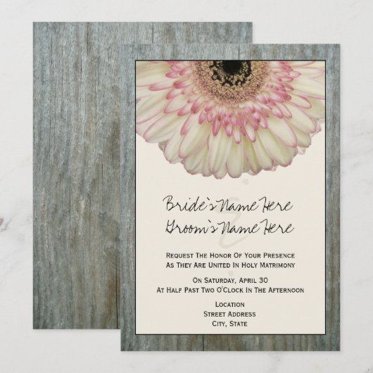 Gerbera Daisy & Barnwood Wedding Invitation Kaart (Voorkant / Achterkant)