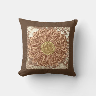 Gerbera Daisy Block Print - bruin en bruin Buitenkussen