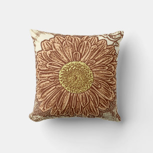 Gerbera Daisy Block Print - bruin en bruin Kussen