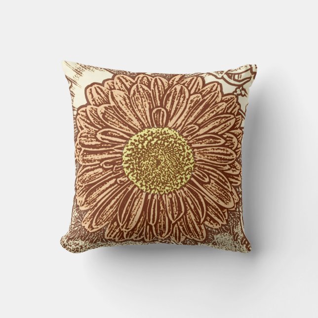 Gerbera Daisy Block Print - bruin en bruin Kussen (Voorkant)