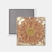 Gerbera Daisy Block Print - bruin en bruin Magneet (Voorkant / Achterkant)