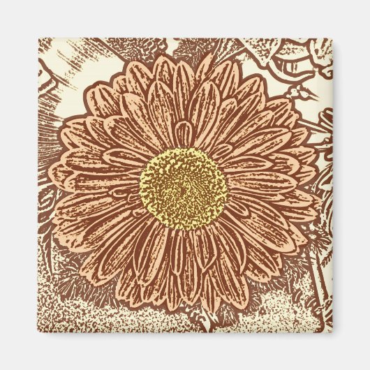 Gerbera Daisy Block Print - bruin en bruin Magneet (Voorkant)