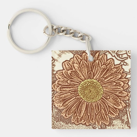 Gerbera Daisy Block Print - bruin en bruin Sleutelhanger (Voorkant)