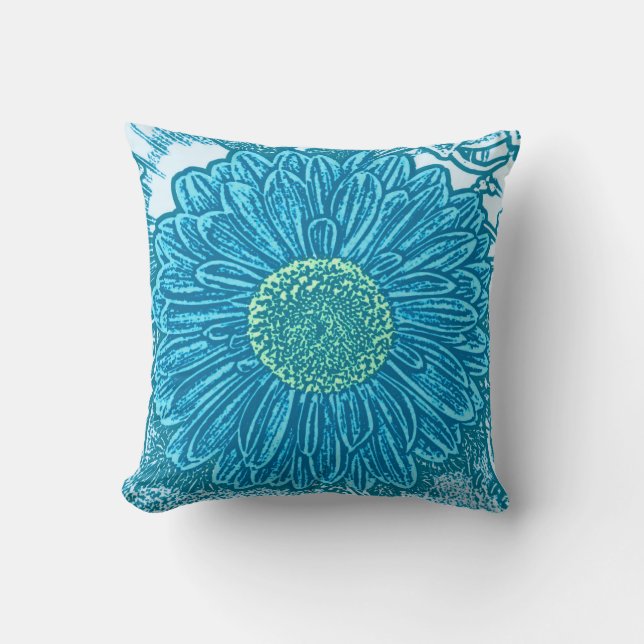 Gerbera Daisy Block Print - ceruleaans blauw Kussen (Voorkant)