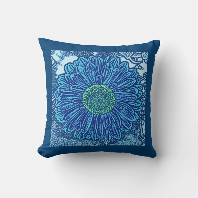 Gerbera Daisy Block Print, Cerulean & Indigo Blue Kussen (Voorkant)