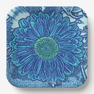 Gerbera Daisy Block Print, Cerulean & Indigo Blue Papieren Bordje