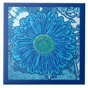 Gerbera Daisy Block Print, Cerulean & Indigo Blue Tegeltje