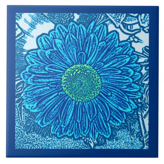 Gerbera Daisy Block Print, Cerulean & Indigo Blue  Tegeltje (Voorkant)