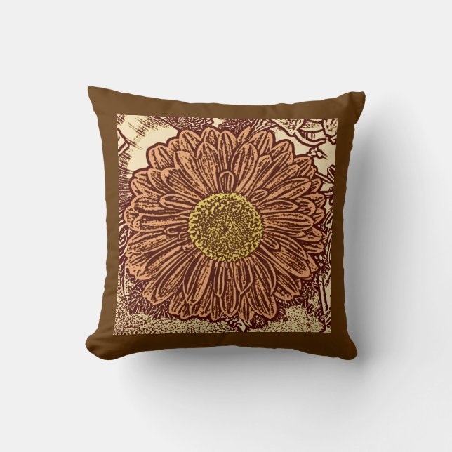 Gerbera Daisy Block Print, Chocolate Brown en Tan Kussen (Voorkant)