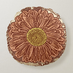 Gerbera Daisy Block Print, Chocolate Brown en Tan Rond Kussen