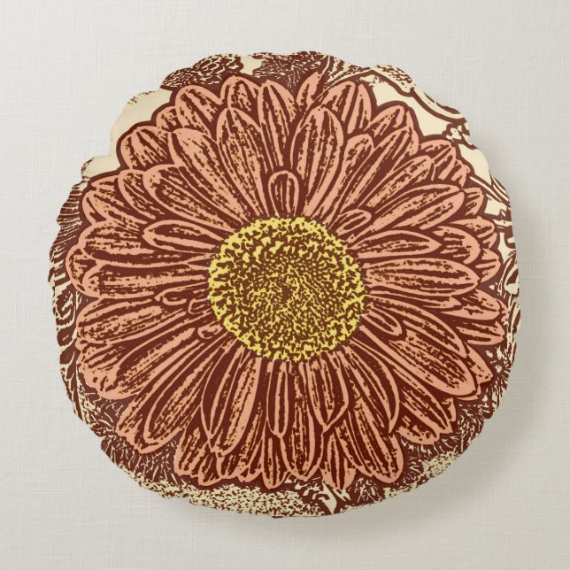 Gerbera Daisy Block Print, Chocolate Brown en Tan Rond Kussen (Voorkant)