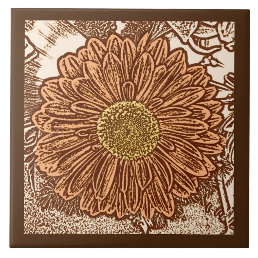 Gerbera Daisy Block Print, Chocolate Brown en Tan Tegeltje (Voorkant)