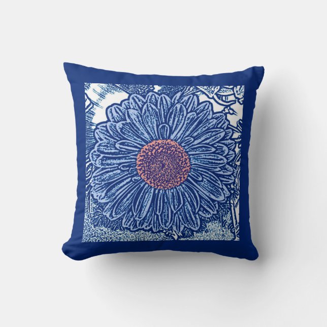 Gerbera Daisy Block Print, Cobalt en Sky Blue Kussen (Voorkant)