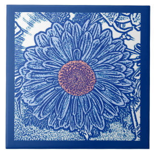 Gerbera Daisy Block Print, Cobalt en Sky Blue Tegeltje