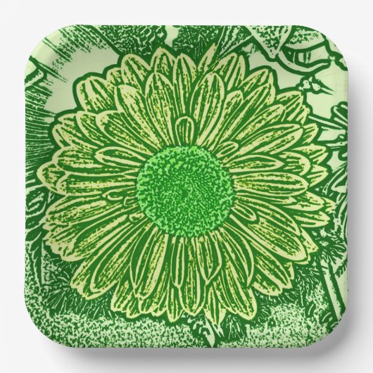 Gerbera Daisy Block Print, Emerald & Lime Green Papieren Bordje (Voorkant)