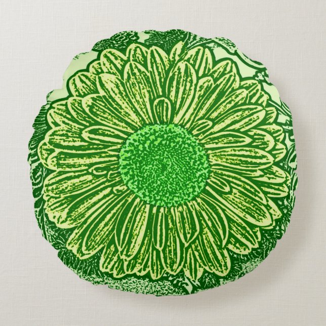 Gerbera Daisy Block Print, Emerald & Lime Green Rond Kussen (Voorkant)