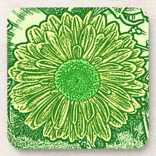 Gerbera Daisy Block Print - kalkgroen Bier Onderzetter (Voorkant)