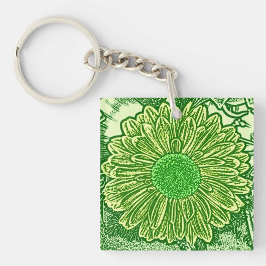 Gerbera Daisy Block Print - kalkgroen Sleutelhanger (Voorkant)