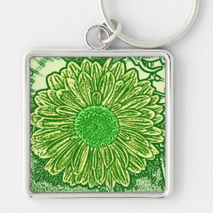 Gerbera Daisy Block Print - kalkgroen Sleutelhanger