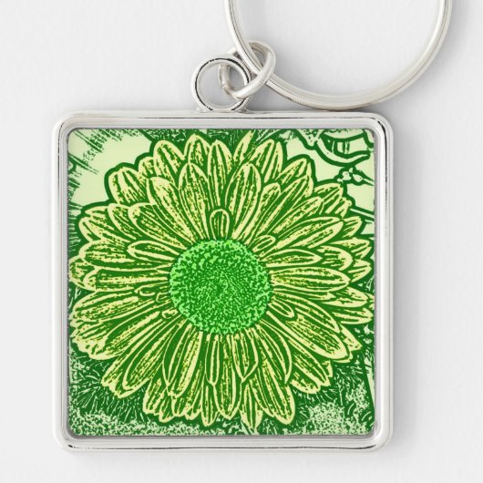 Gerbera Daisy Block Print - kalkgroen Sleutelhanger (Voorkant)