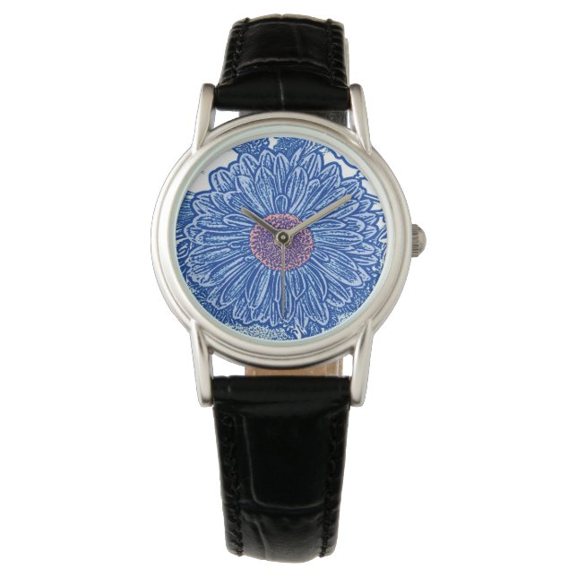 Gerbera Daisy Block Print - kobalt blauw Horloge (Voorkant)