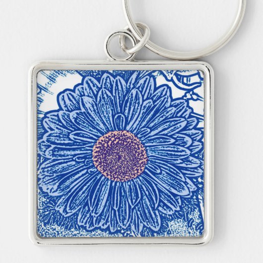 Gerbera Daisy Block Print - kobalt blauw Sleutelhanger (Voorkant)