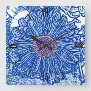 Gerbera Daisy Block Print - kobalt blauw Vierkante Klok