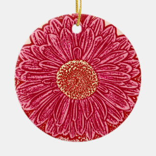Gerbera Daisy Block Print - koraal en roze Keramisch Ornament