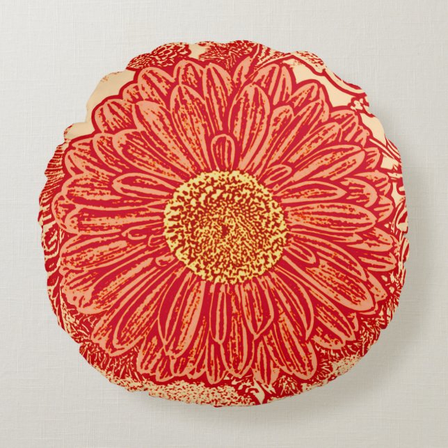 Gerbera Daisy Block Print, Mandarin Oranje Rond Kussen (Voorkant)