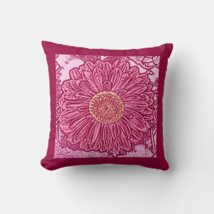 Gerbera Daisy Block Print, Maroon & Pastel Pink Kussen