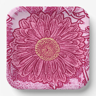 Gerbera Daisy Block Print, Maroon & Pastel Pink Papieren Bordje