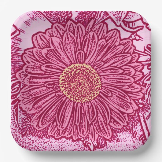 Gerbera Daisy Block Print, Maroon & Pastel Pink Papieren Bordje (Voorkant)